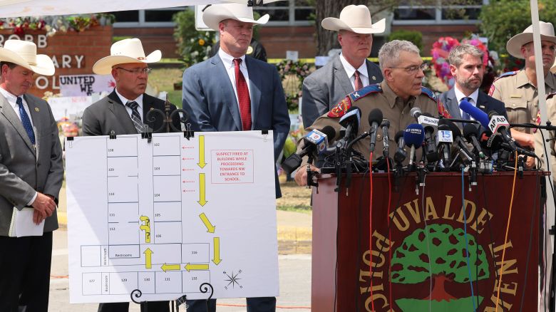 UVALDE, TEXAS - MAY 27: Steven C. McCraw, Director and Colonel of the Texas Department of Public Safety, speaks during a press conference about the mass shooting at Robb Elementary School on May 27, 2022 in Uvalde, Texas. McCraw held a press conference to give an update on the investigation into Tuesday's mass shooting where 19 children and two adults were killed at Robb Elementary School, and admitted that it was the wrong decision to wait and not breach the classroom door as soon as police officers were inside the elementary school.