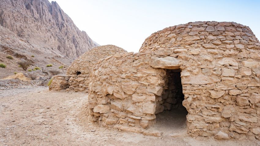 The Jebel Hafeet Tombs are 5,000 year old beehive tombs composed of stacked natural and edged stones. The site is located near the Omani border on the east side of Al Ain in the UAE.