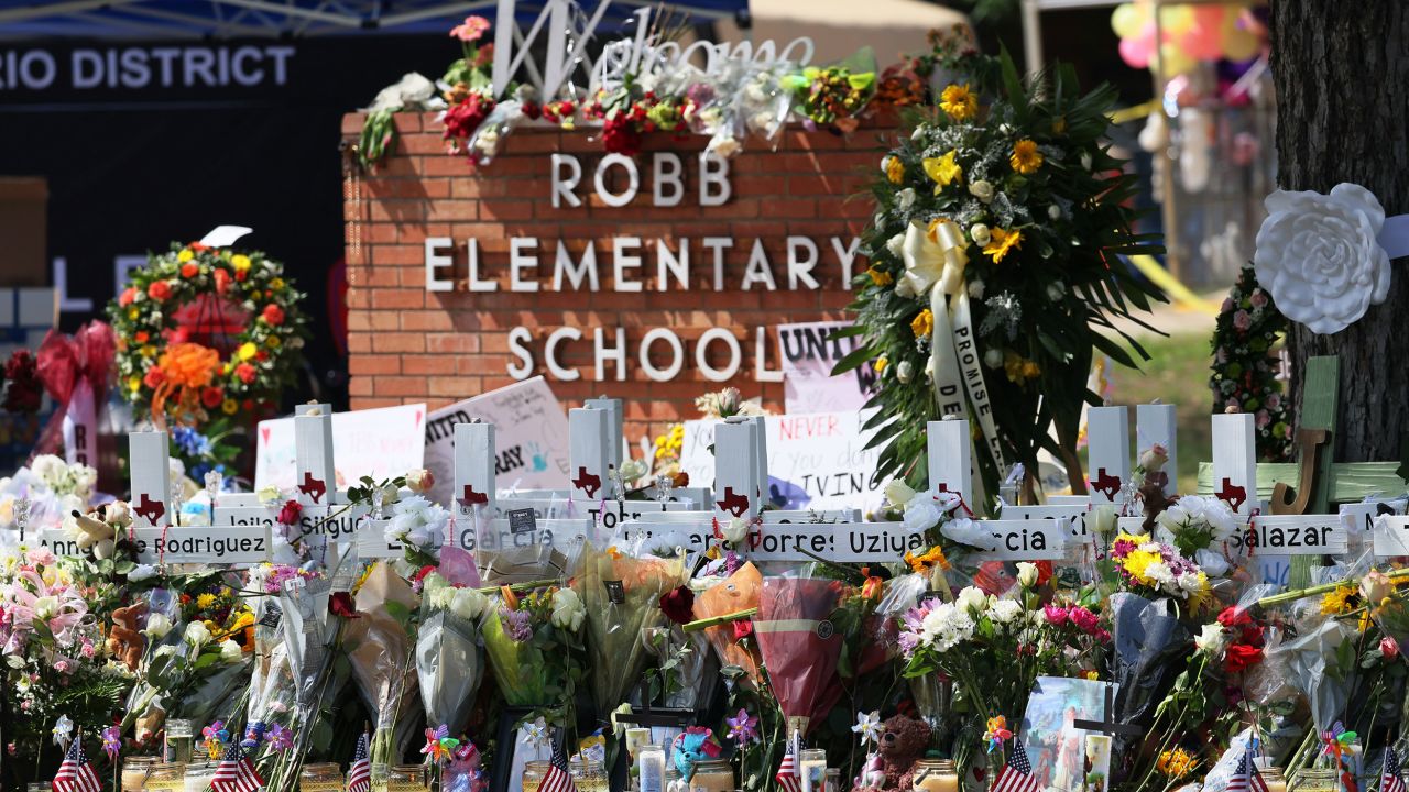 A memorial for the victims of Tuesday's mass shooting at Robb Elementary School.