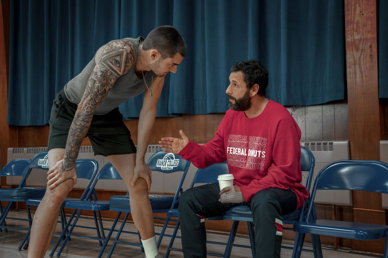 <strong>"Hustle"</strong>: Juancho Hernangomez as Bo Cruz and Adam Sandler as Stanley Sugerman in this film about a down-on-his-luck basketball scout who finds a potential superstar in Spain. <strong>(Netflix) </strong>