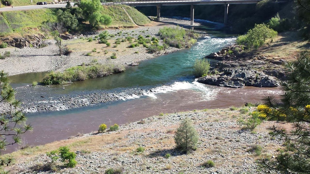 The confluence of the Middle and North Forks of the American River in Placer County. The Middle Fork, bottom, carried the ash and burned soil from the King Fire and merged with the clean North Fork. 