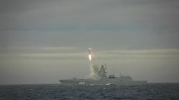 A hypersonic Zircon cruise missile is fired from the guided missile frigate Admiral Gorshkov during a test at the Barents Sea, in this still image taken from a video released May 28, 2022. Russian Defence Ministry/Handout via REUTERS ATTENTION EDITORS - THIS IMAGE WAS PROVIDED BY A THIRD PARTY. NO RESALES. NO ARCHIVES. MANDATORY CREDIT.

NOTE IN CAPTION THAT THIS IMAGE CAME FROM THE RUSSIAN DEFENSE MINISTRY 