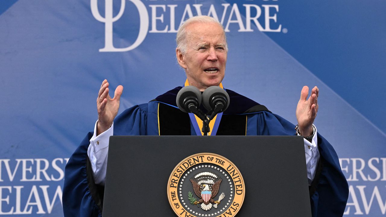 US President Joe Biden delivers the commencement address at the University of Delaware graduation ceremony in Newark, Delaware, on May 28, 2022. 