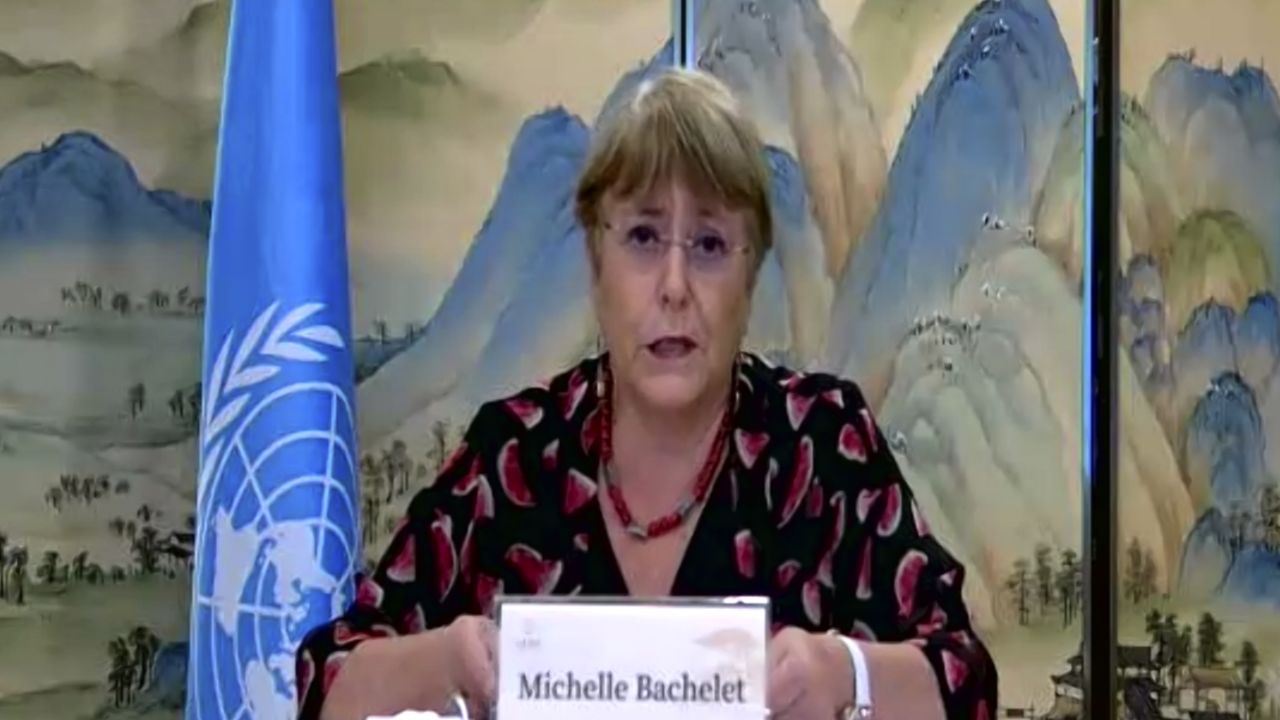 United Nations High Commissioner for Human Rights Michelle Bachelet at an online press conference in Guangzhou, China, on May 28.