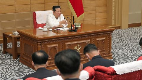 North Korean leader Kim Jong Un speaks about the country's Covid response at a politburo meeting of the Worker's Party in Pyongyang on May 28.