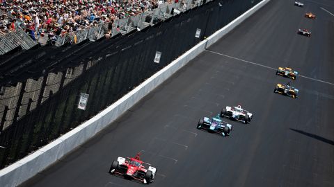Marcus Ericsson, driver of the #8 Huski Chocolate Chip Ganassi Racing Honda, takes the checkered flag in the 106th running of the Indianapolis 500 at Indianapolis Motor Speedway.