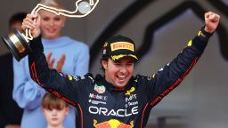 MONTE-CARLO, MONACO - MAY 29: Race winner Sergio Perez of Mexico and Oracle Red Bull Racing celebrates on the podium during the F1 Grand Prix of Monaco at Circuit de Monaco on May 29, 2022 in Monte-Carlo, Monaco. (Photo by Clive Rose/Getty Images)