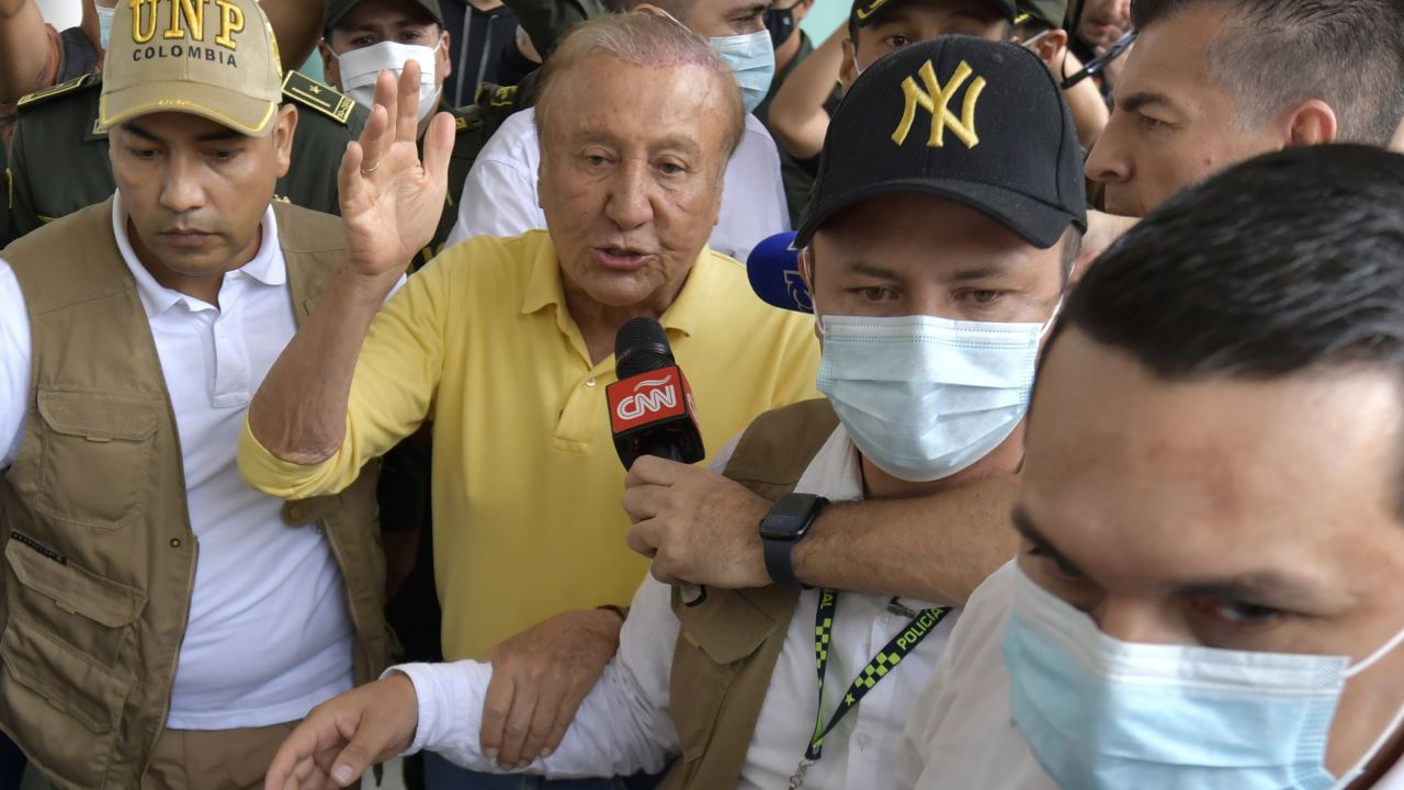 Rodolfo Hernandez leaves a polling station after voting in presidential elections in Bucaramanga on Sunday, May 29, 2022.