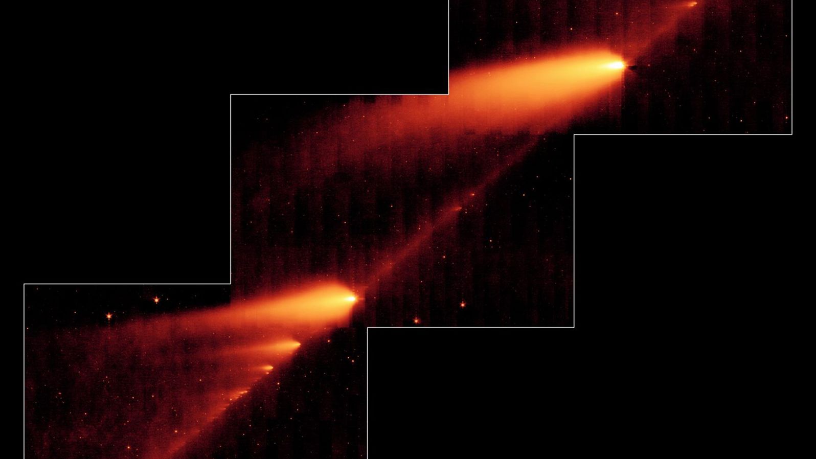 An infrared image from NASA's Spitzer Space Telescope shows the broken comet 73P/Schwassman-Wachmann. The flame-like objects are the comet's fragments and their tails, while the dusty comet trail is the line between the fragments.