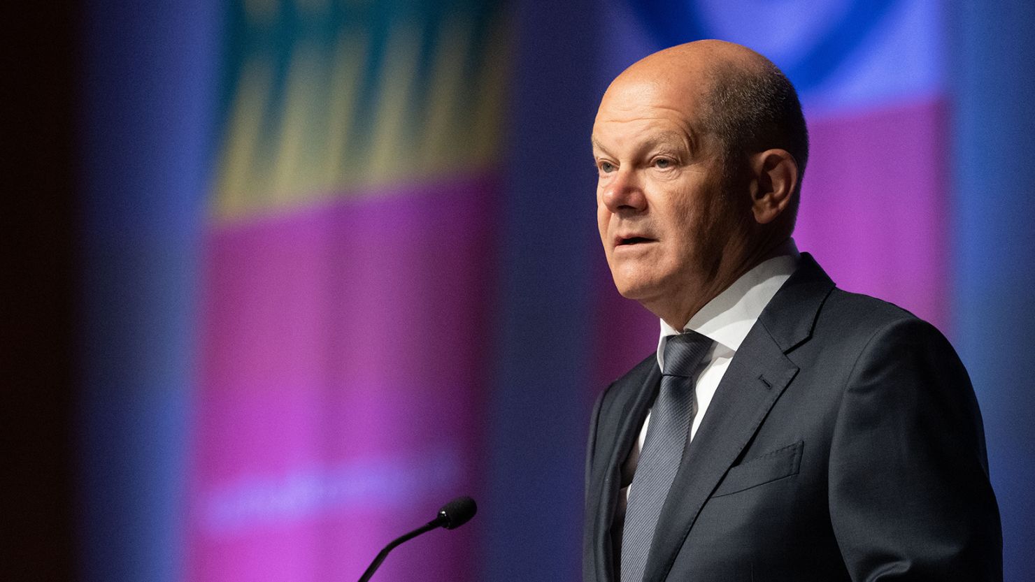 German Chancellor Olaf Scholz speaks at the Katholikentag in Stuttgart, Germany, on May 27.