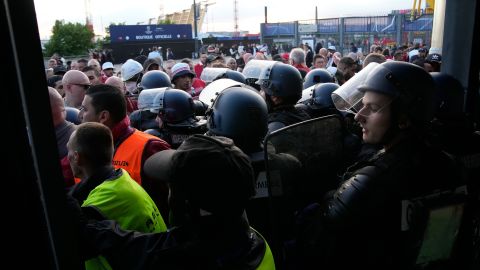 Police officers guard the Stade de France prior to Saturday's Champions League final.