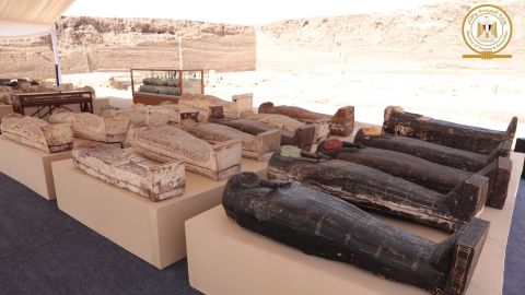 A large trove of ancient bronze statues and colored sarcophagi discovered in Egypt's Saqqara were revealed to the public on Monday, the Egyptian Ministry of Tourism and Antiquities said in a statement.