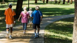 Elderly people walk in the park