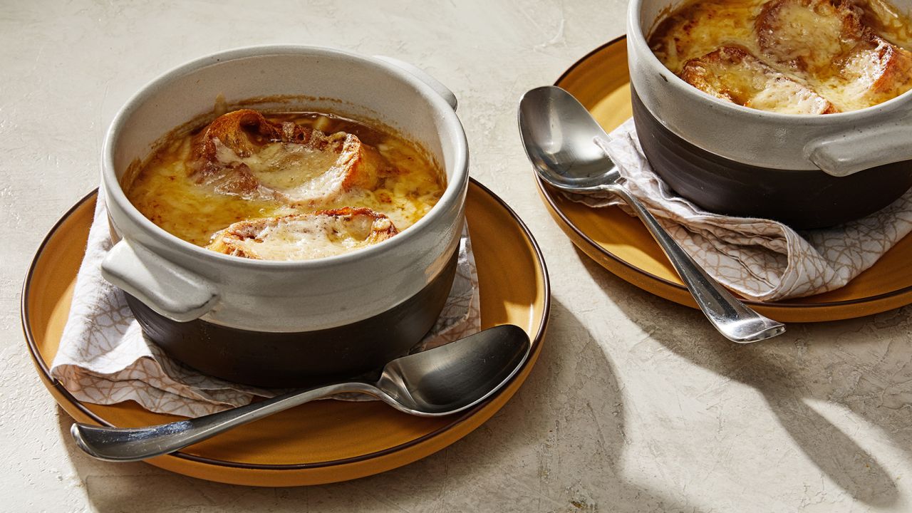 French onion soup: The cozy, brothy soup is topped with bread and melted cheese.