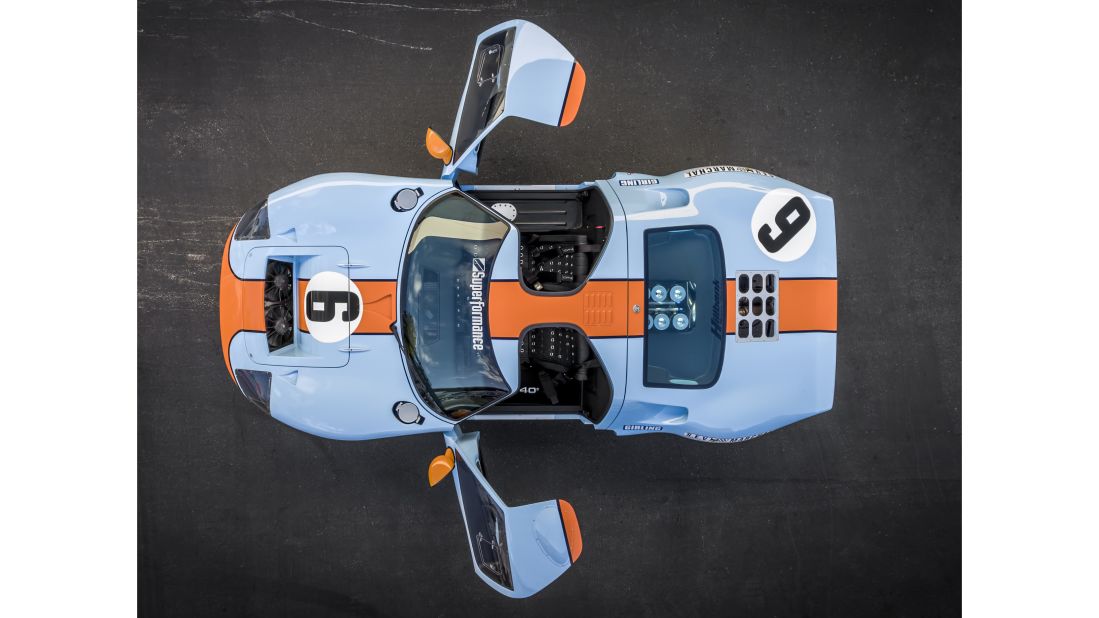 An aerial shot of a replica GT40 #1075, arguably the most famous Ford GT40 ever made. Hi-Tech Automotive crafts an exact replica of the GT40 that bore the chassis number 1075, which won the race in <a href="https://www.thehenryford.org/explore/blog/gt40-1075-a-two-time-le-mans-champion/" target="_blank" target="_blank">1968 and 1969</a>. To do so, Price received special access to the original car, which at the time was housed in the vault of the Petersen Automotive Museum in Los Angeles. <br />
