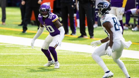 Minnesota Vikings cornerback Jeff Gladney is seen in action against Tennessee Titans wide receiver Corey Davis in the first quarter of an NFL game on Sunday, September 27, 2020, in Minneapolis.