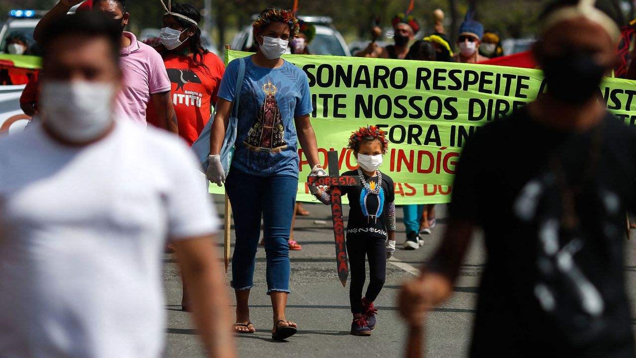 Indigenous people demonstrate against the Bolsonaro government's environmental policies in Brasilia last year.