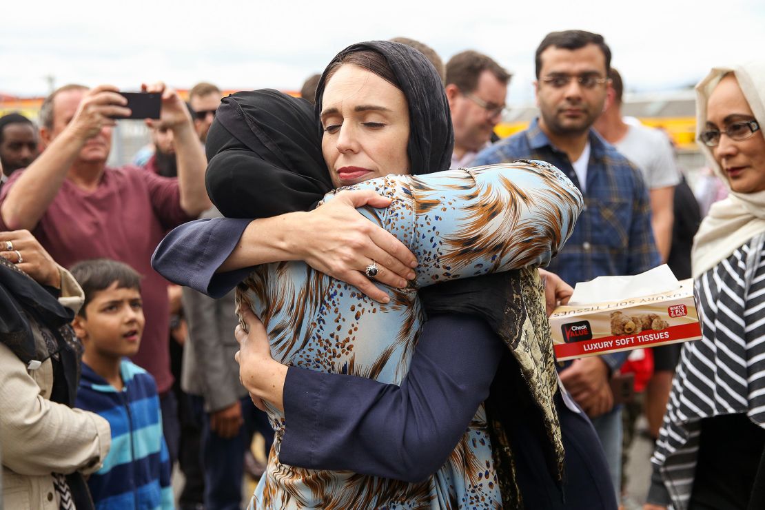 New Zealand Prime Minister Jacinda Ardern hugs a worshipper at the Kilbirnie Mosque on March 17, 2019 in Wellington, days after the mass shooting in Christchurch.