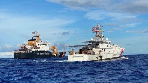 The crews of the Coast Guard Cutters Juniper and Joseph Gerczak return to Honolulu after completing a 42-day patrol in Oceania on March 7, 2022. 