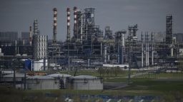 A view shows the Russian oil producer Gazprom Neft's Moscow oil refinery on the south-eastern outskirts of Moscow on April 28, 2022. 