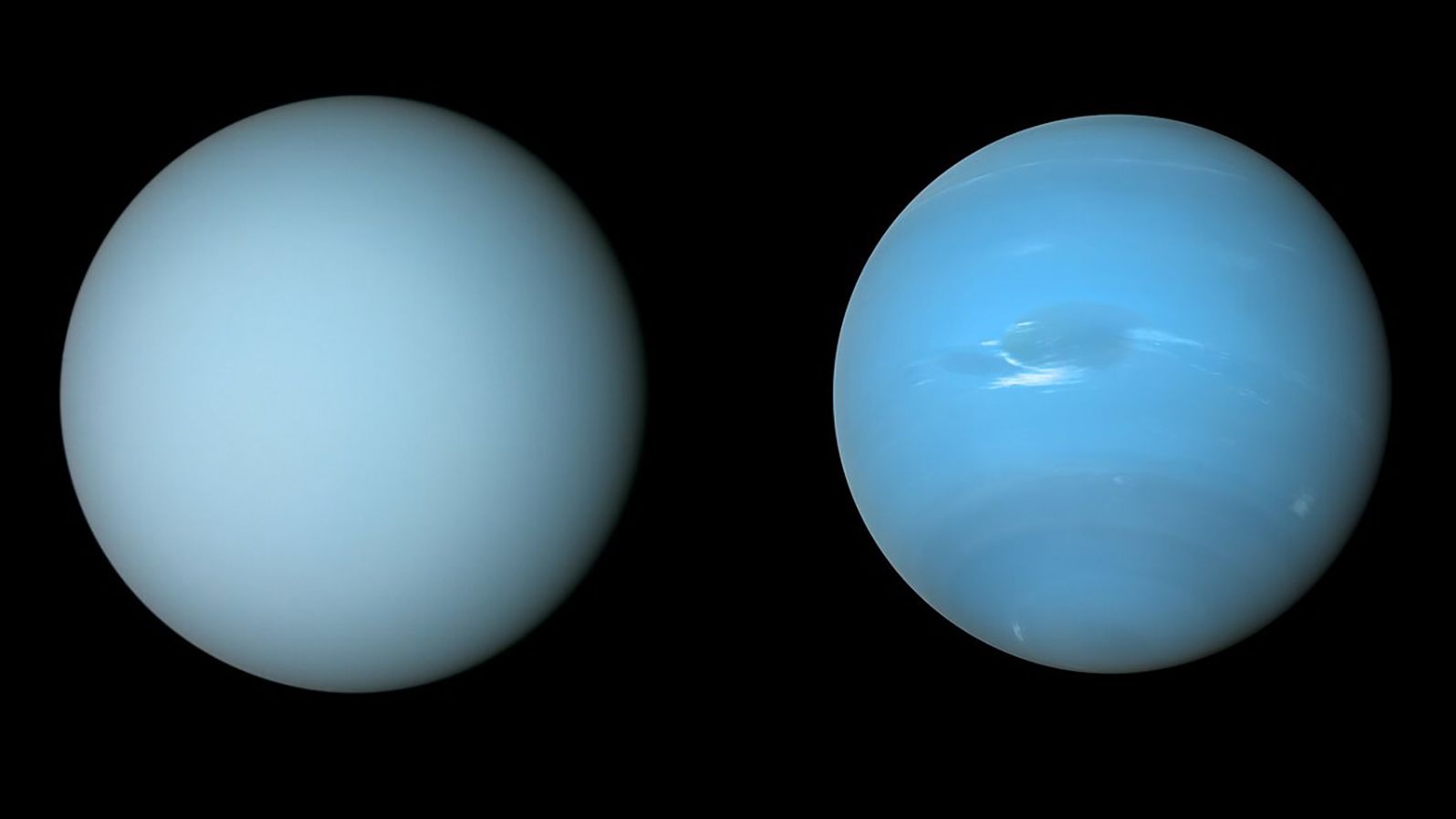 NASA's Voyager 2 spacecraft captured these views of Uranus (left) and Neptune (right) during its flybys of the planets in the 1980s.