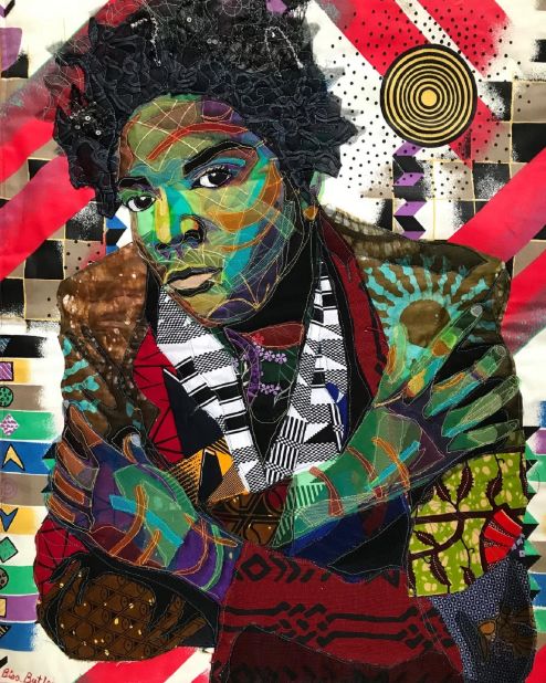 This quilted portrait is of the late African American artist Jean-Michel Basquiat, who Butler regards as an inspiration.