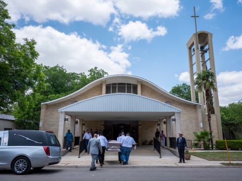 Pallbearers carry Amerie Jo Garza's casket into the Sacred Heart Catholic Church in Uvalde on Tuesday, May 31. 