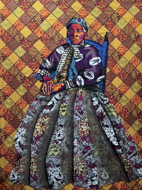 Butler was a formally trained painter but made the switch to quilted portraits during her master's degree in 2003. She realized that using fabrics for portraits could not only communicate a subject's appearance but also deeper layers of their life experiences and identity. This piece shows Harriet Tubman in her later years.