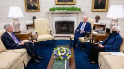 President Joe Biden, Chairman of the Federal Reserve Jerome Powell, and Treasury Secretary Janet Yellen hold a meeting in the Oval Office.