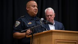 May 24, 2022; Uvalde, TX, USA; Uvalde police chief Pete Arredondo speaks at a press conference following the shooting at Robb Elementary School in Uvalde, Texas on Tuesday, May 24, 2022. The shooting killed 18 children and 2 adults. Mandatory Credit: Mikala Compton-USA TODAY NETWORK
