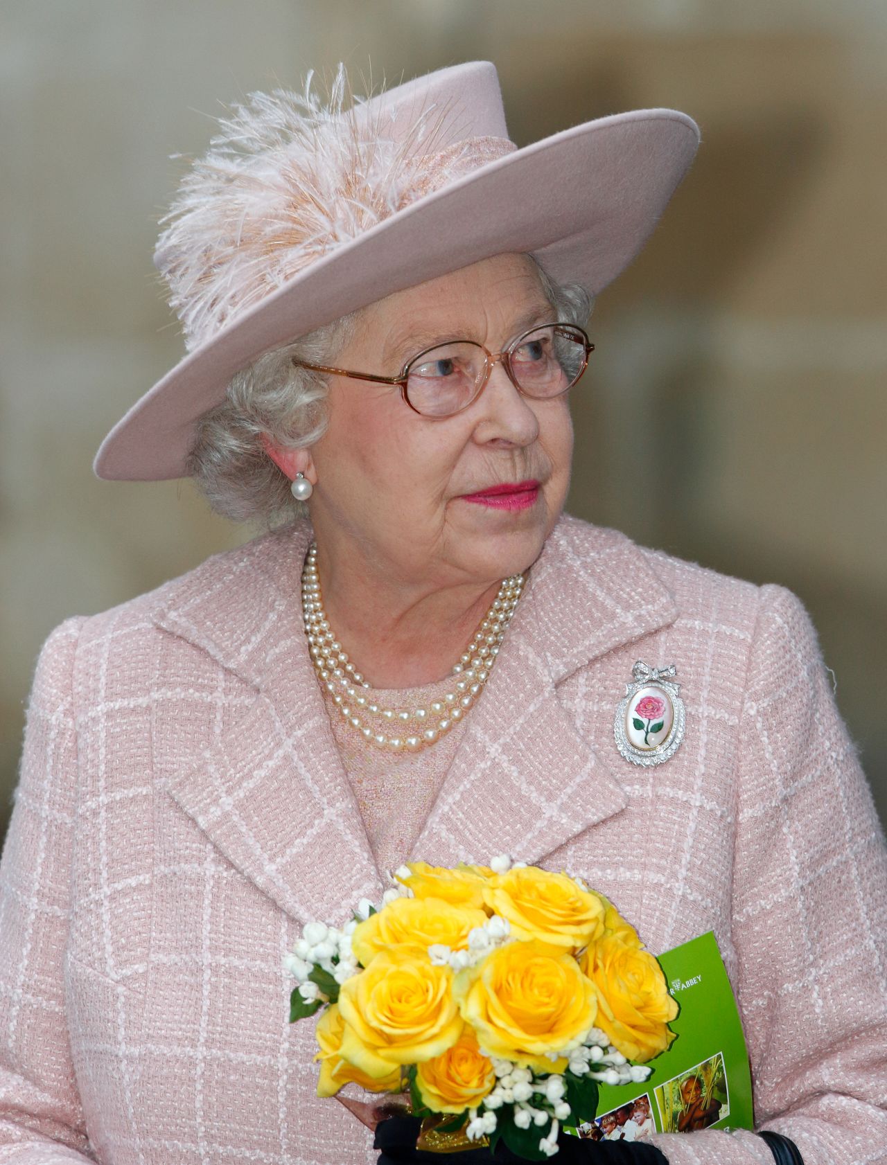 The Queen wearing the Rose Centenary Brooch in 2008. 