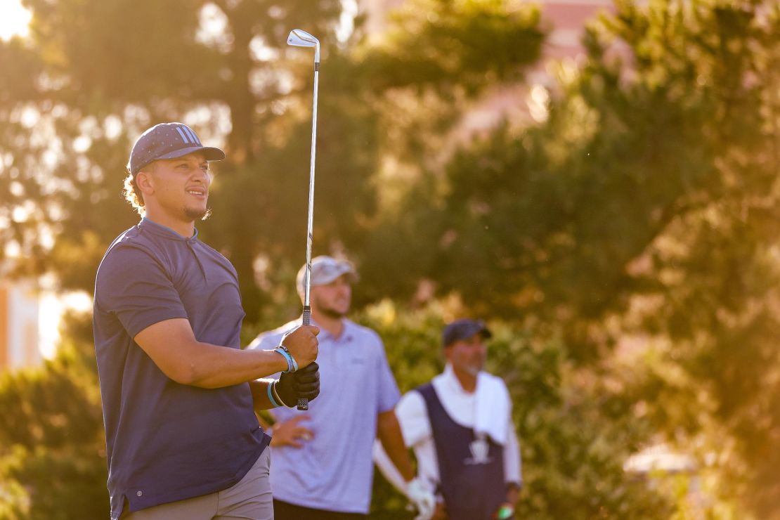 Patrick Mahomes and Josh Allen during a practice round at Wynn Golf Club on May 31 in Las Vegas. 