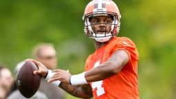 Deshaun Watson #4 of the Cleveland Browns looks to pass during Browns OTAs at CrossCountry Mortgage Campus on May 25, 2022 in Berea, Ohio. 