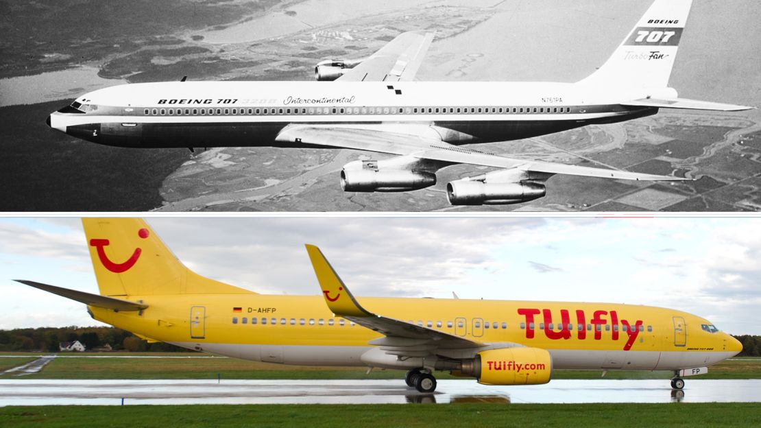 Top: A Boeing 707, the aircraft maker's first jetliner. Bottom: A Boeing 737-800 in Hanover, Germany, in 2013. 