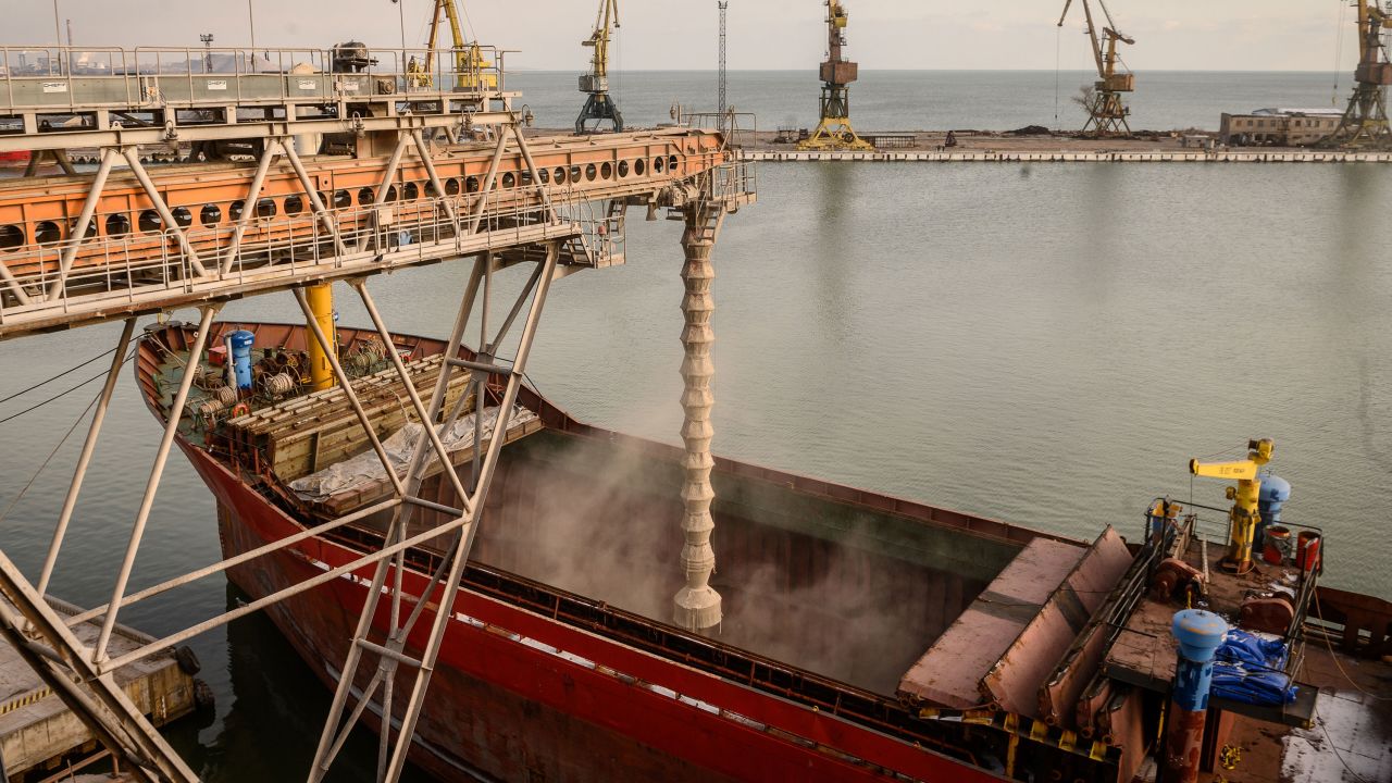 The Medusa S general cargo ship is loaded with grain, destined for Turkey, at the UkrTransAgro LLC grain terminal at the Port of Mariupol in Mariupol, Ukraine, Thursday, Jan. 13, 2022.