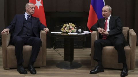 Russian President Vladimir Putin meets with his Turkish counterpart Recep Tayyip Erdogan in Sochi on September 29, 2021. 