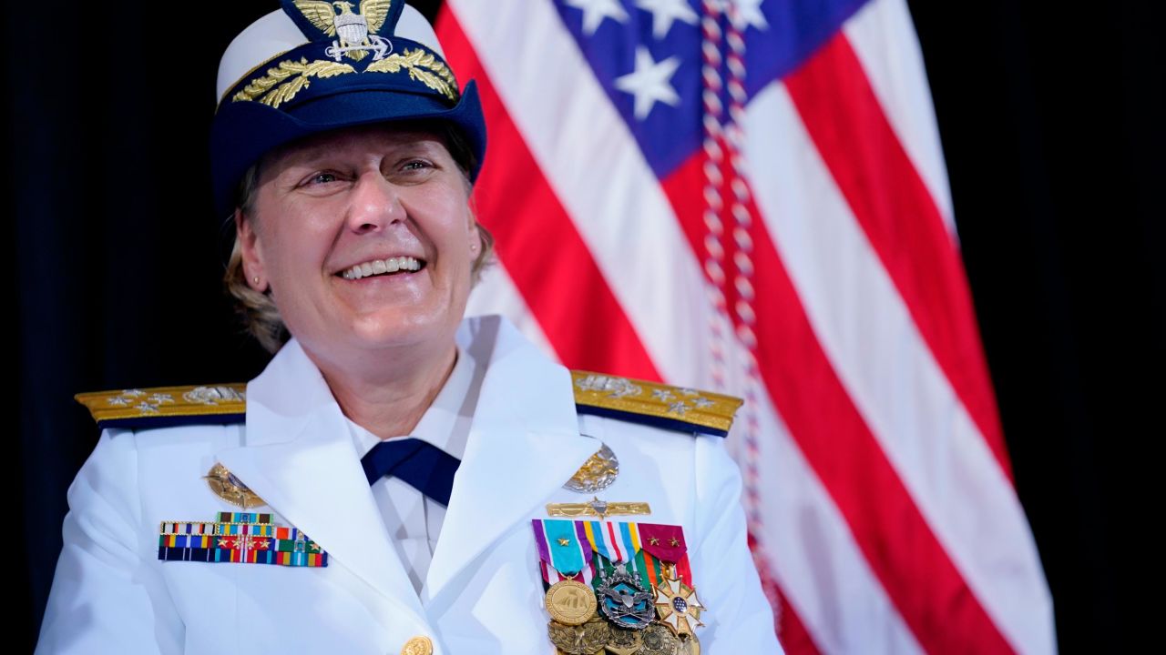 Adm. Linda Fagan attends a change of command ceremony at U.S. Coast Guard headquarters, Wednesday, June 1, 2022, in Washington. Adm. Karl L. Schultz is being relieved by Fagan as the Commandant of the U.S. Coast Guard. 