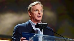 Apr 28, 2022; Las Vegas, NV, USA; NFL commissioner Roger Goodell announces Northern Iowa offensive tackle Trevor Penning as the nineteenth overall pick to the New Orleans Saints during the first round of the 2022 NFL Draft at the NFL Draft Theater. 