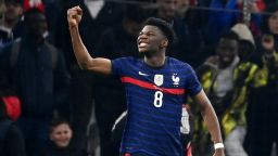 France's midfielder Aurelien Tchouameni celebrates after scoring a goal during the friendly football match between France and Ivory Coast at the Velodrome Stadium in Marseille, southern France, on March 25, 2022. (Photo by FRANCK FIFE / AFP) (Photo by FRANCK FIFE/AFP via Getty Images)
