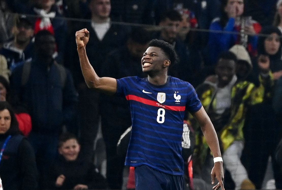Tchouaméni celebrates scoring his first goal for France against Ivory Coast in March. 