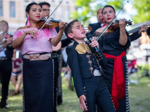 Mateo López sings during a mariachi performance at a Uvalde memorial on June 1. 