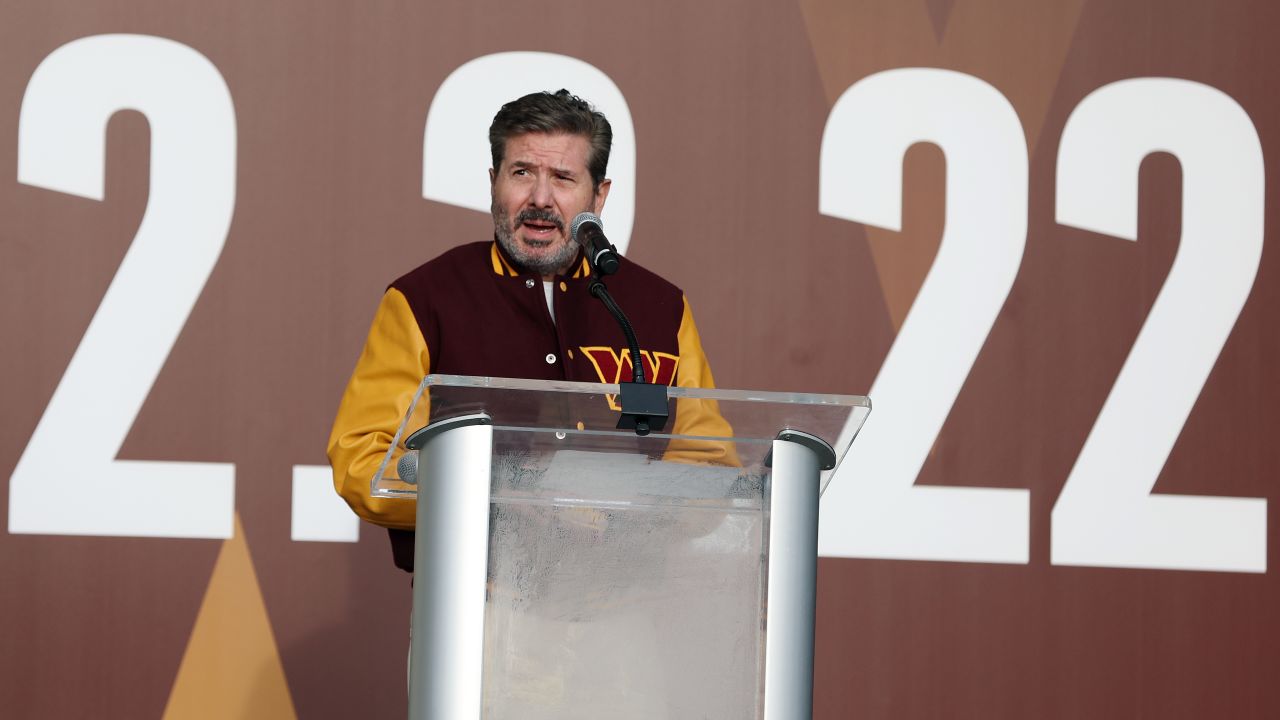 Dan Snyder speaks during the announcement of the Washington Football Team's name change to the Washington Commanders at FedExField on February 02, 2022 in Landover, Maryland.