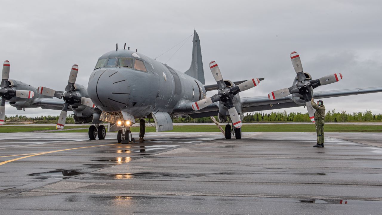 A Royal Canadian Air Force CP-140 Aurora arrives at Goose Bay, Newfoundland and Labrador, in 2021.