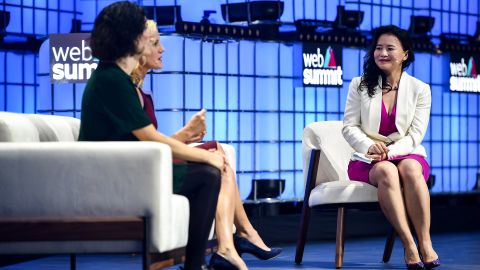 CGTN anchor Cheng Lei speaks onstage with Barbara Martin Coppola, Chief Digital Officer at IKEA and Kristin Lemkau, CMO at JPMorgan Chase, at the Altice Arena in Lisbon, Portugal, on November 5, 2019. 