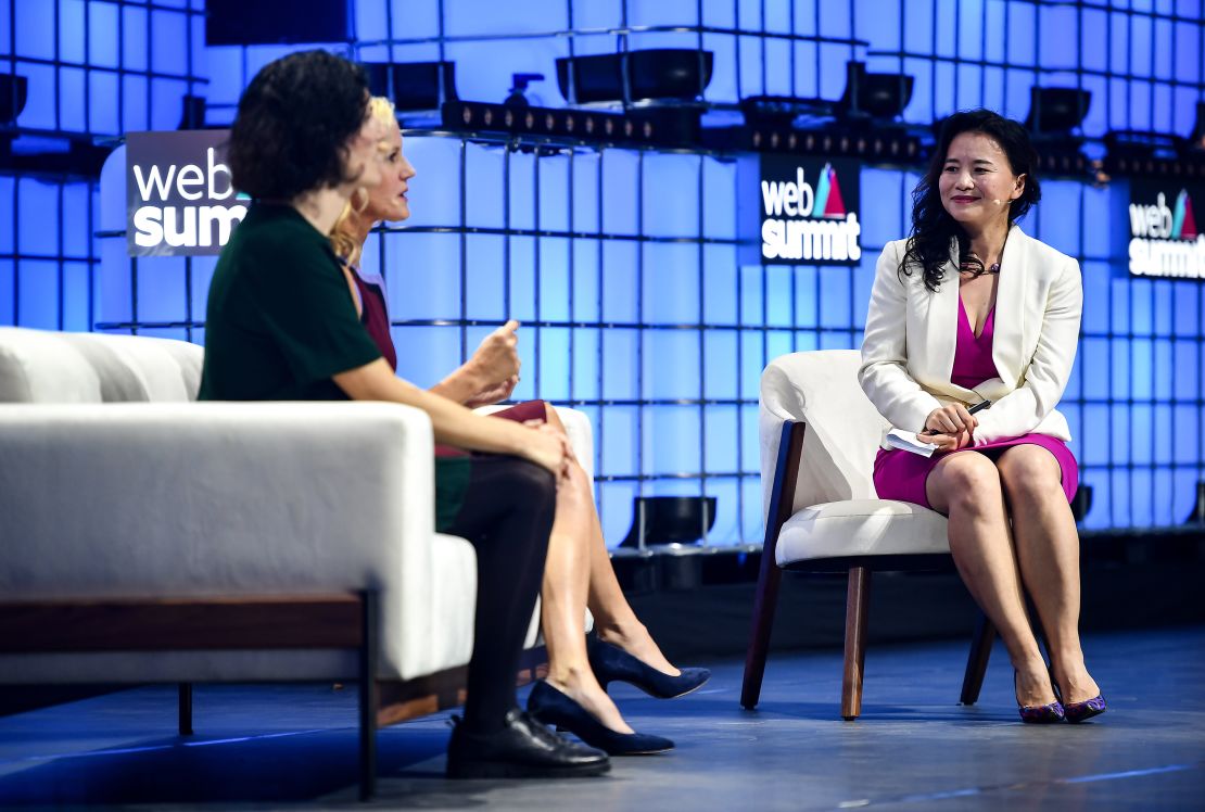 CGTN anchor Cheng Lei speaks onstage with Barbara Martin Coppola, Chief Digital Officer at IKEA and Kristin Lemkau, CMO at JPMorgan Chase, at the Altice Arena in Lisbon, Portugal, on November 5, 2019.