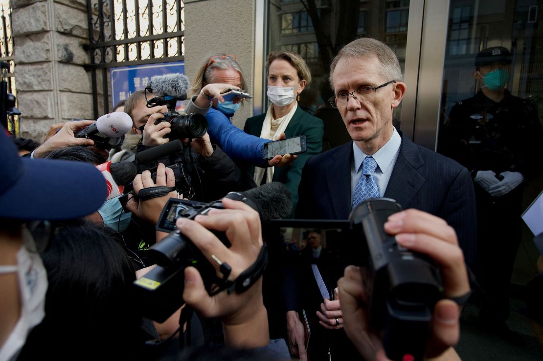Australian Ambassador to China Graham Fletcher speaks to media outside a court in Beijing, where he was denied entry to Cheng Lei's trial, on March 31, 2022. 