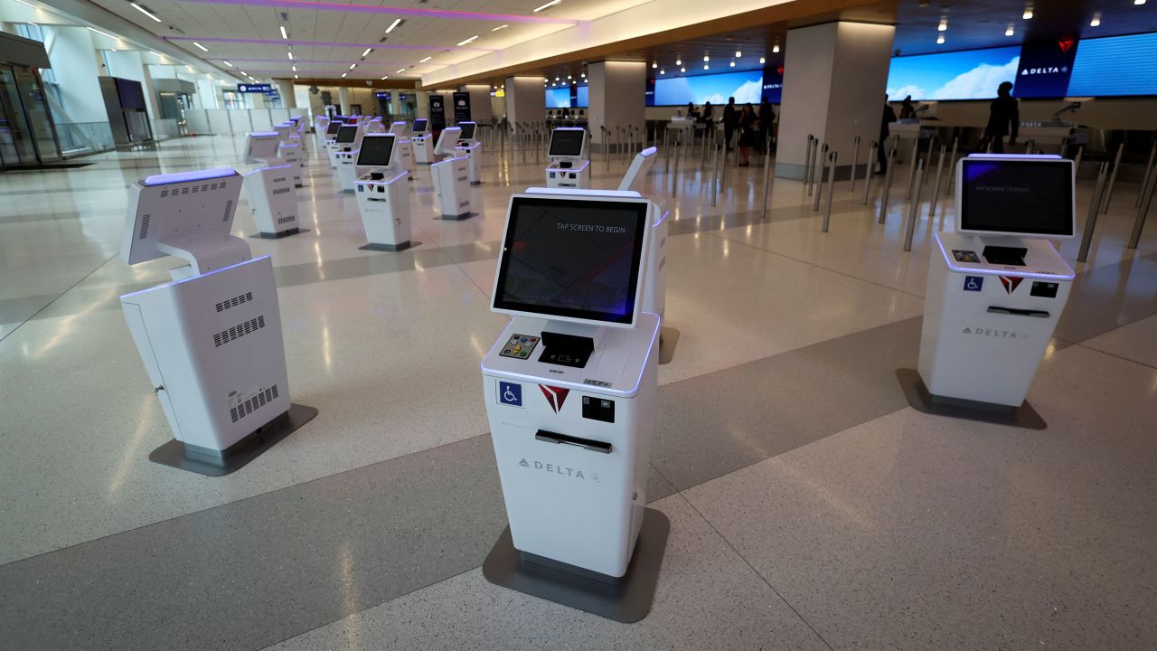 Check-in kiosks await travelers in ticketing area of the new 1.3 million-square foot $4 billion Delta Airlines Terminal C at LaGuardia Airport in the Queens borough of New York City, New York, U.S., June 1, 2022. REUTERS/Mike Segar