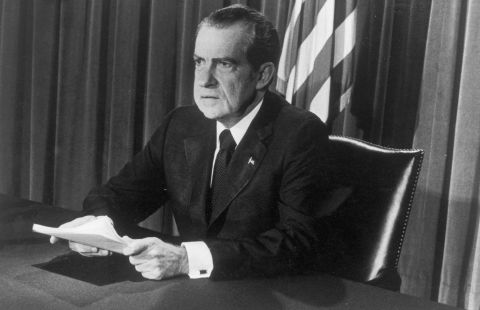 Nixon speaks to the nation on August 8, 1974, announcing his resignation "effective at noon tomorrow." In his speech, Nixon said: "I have never been a quitter. To leave office before my term is completed is abhorrent to every instinct in my body. But as President, I must put the interest of America first."