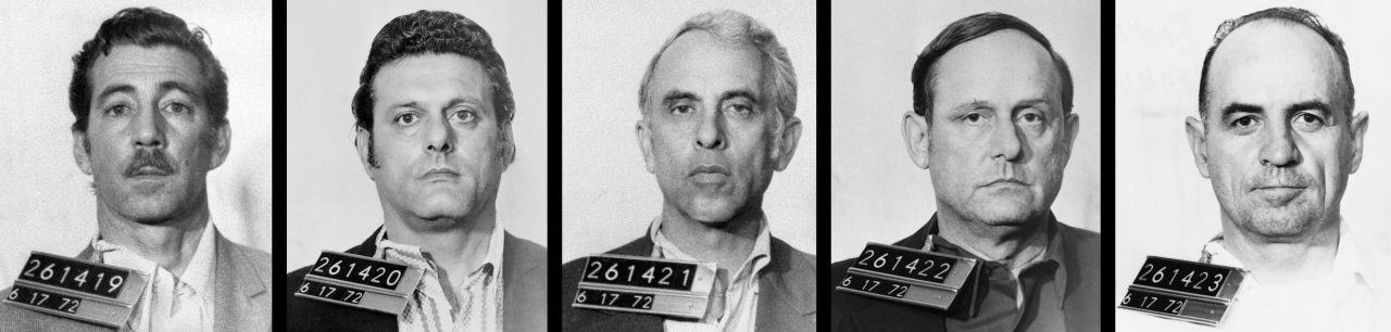The five burglary suspects were accused of trying to bug the DNC's headquarters and steal documents. From left are Virgilio Gonzalez, Frank Sturgis, Eugenio Martinez, Bernard Barker and James McCord. McCord was the security chief of the Committee to Re-elect the President.