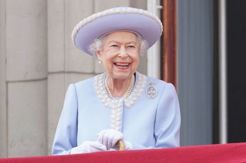 Britain's Queen Elizabeth II watches from the balcony of Buckingham Palace during the Trooping the Colour parade in London on Thursday, June 2.